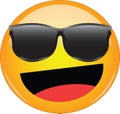 Cool happy emoji in shades. Awesome yellow face emoticon wearing sunglasses with a wide smile and laughing. Expression of