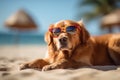 Cool happy funny dog golden retriever with sunglasses relaxing on the sandy beach Royalty Free Stock Photo