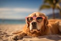 Cool happy funny dog golden retriever with sunglasses relaxing on the sandy beach Royalty Free Stock Photo