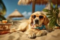 Cool happy funny dog golden retriever with sunglasses relaxing on the sandy beach Royalty Free Stock Photo