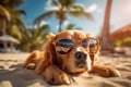 Cool happy funny dog golden retriever with sunglasses relaxing on the sandy beach Royalty Free Stock Photo