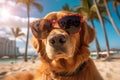 Cool happy funny dog golden retriever with sunglasses relaxing on the sandy beach Royalty Free Stock Photo