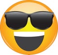 Cool happy grin yellow emoji. Smiling yellow face emoticon wearing sunglasses and having wide open smile on its face. Expression