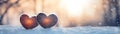 Cool hearts on the snow bikeh nature background banner for valentine day holiday Royalty Free Stock Photo