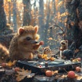 A cool hedgehog DJs a lively party in the forest, AI generated