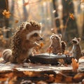 A cool hedgehog DJs a lively party in the forest, AI generated