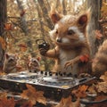 A cool hedgehog DJs a lively party in the forest, AI generated