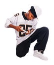 Cool hip-hop young man on white playing Royalty Free Stock Photo