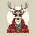 Hipster deer with human features wearing sweater, Christmas concept, ai generated