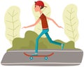 Male character riding skateboard vector illustration. Cool hipster man rides skate in park