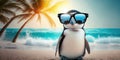 Cool hipster penguin wearing sunglasses on a tropical beach