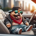cool hispanic gangster labradoodle dog drive ride lowrider retro car anthropomorphic funny character