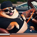 cool hispanic gangster overweight chihuahua drive vintage car anthropomorphic funny character