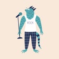 Cool Iguana singer in white T-shirt and plaid pants with microphone vector illustration. Funny isolated animal character. Royalty Free Stock Photo