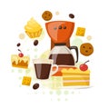 Vector design with coffee and sweets flat icons.