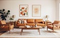 Cool interior design. Mid-century modern living room with tan leather sofa, geometric rug and vintage art prints. Indoor plants. Royalty Free Stock Photo