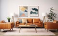 Cool interior design. Mid-century modern living room with tan leather sofa, geometric rug and vintage art prints. Indoor plants. Royalty Free Stock Photo