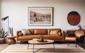 Cool interior design. Mid-century modern living room with tan leather sofa, geometric rug and vintage art prints. Indoor plants. Royalty Free Stock Photo