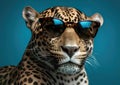 Cool jaguar posing in sunglasses against a blue background.
