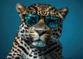 Cool jaguar posing in sunglasses against a blue background.