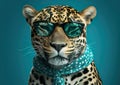 Cool jaguar posing in sunglasses against a blue background.