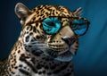 Cool jaguar posing in sunglasses against a blue background.