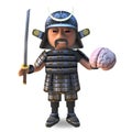 Cool Japanese samurai warrior in 3d holding his katana sword and a human brain, 3d illustration Royalty Free Stock Photo