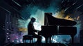 a cool jazz inspired man is sitting at the piano, music poster, ai generated image