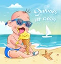 Cool kid in sunglasses eats ice cream on the beach