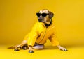 Cool labrador posing in the photo studio in front of the colorful background.