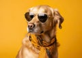 Cool labrador posing in the photo studio in front of the colorful background.