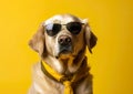 Cool labrador posing in the photo studio in front of the colorful background.