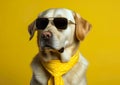 Cool labrador posing in the photo studio in front of the colorful background.