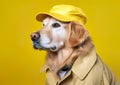 Cool labrador posing in the photo studio in front of the colorful background.