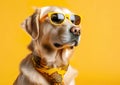 Cool labrador posing in the photo studio in front of the colorful background.