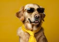 Cool labrador posing in the photo studio in front of the colorful background.