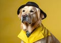 Cool labrador posing in the photo studio in front of the colorful background.