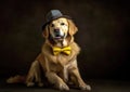 Cool labrador posing in the photo studio in front of the colorful background.