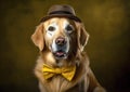 Cool labrador posing in the photo studio in front of the colorful background.