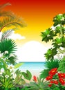 Beautiful Beach View With Tropical Plant And Flower Cartoon