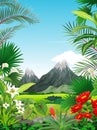 Cool Landscape Forest View With Grass Field and Mountain Range cartoon