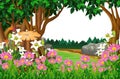 Cool Landscape Forest View With Trees, Rocks, Grass Hill, And Flower Cartoon