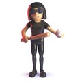 Cool latex wearing gothic girl with baseball bat and ball, 3d illustration