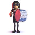 Cool latex wearing gothic girl in 3d playing a bass drum