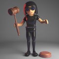 Cool leather clad gothic girl holding an auction gavel, 3d illustration