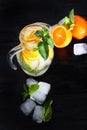 Cool lemonade made from oranges and mint in a glass jug. Ice cubes in the drink. Copy of the space. Vertical photo on a black Royalty Free Stock Photo