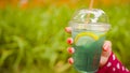 Cool lemonade in transparent cup with straw in hands of anonymous woman. Unrecognizable person holding soft drink in