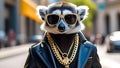 Cool lemur character in sunglasses, golden chains. wild jungle animal portrait