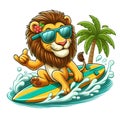 Cool lion wearing glasses and driving a surfboard in the beach cartoon isolated on white background 4 Royalty Free Stock Photo