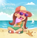 Cool little girl in sunglasses eats ice cream on the beach